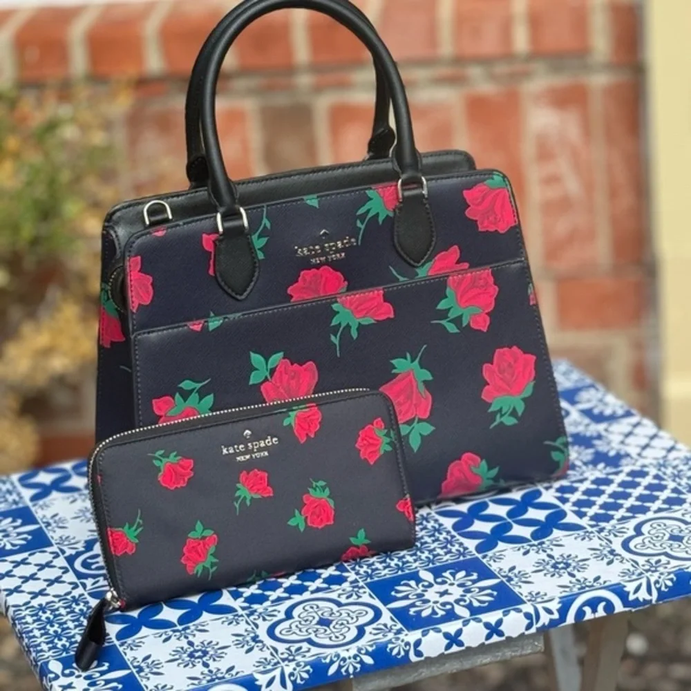 Kate Spade Madison Medium Rose Toss Print Leather Satchel with matching wallet